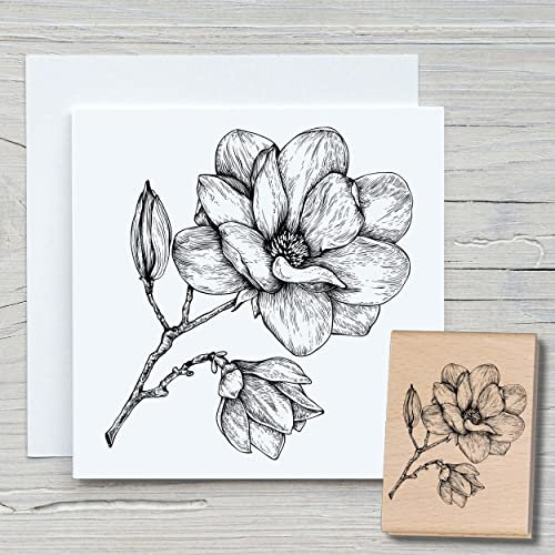NEWSTAMPS Stempel Magnolie Motivstempel groß aus Holz & Gummi zum Karten basteln, Holzstempel, Blumen, Pflanzen, Floral, Wiese, Gräser, Scrapbook, Textilstempel, Deko, Kinder