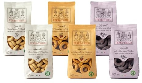 Terre Dei Trulli Taralli: Evo, Pomodoro, Origano, Olive Nere (6 x 250g) | Taralli Artigianali Per Uno Snack Veloce E Gustoso, Snack Salati Per Un Aperitivo Snack Genuino