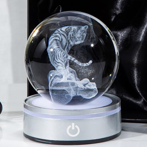 IFOLAINA 3D Tiger Statue Crystal Ball Light White Tiger Ornaments Gifts for Women Glass Tiger Stuff Animals Figurines for Home Living Room