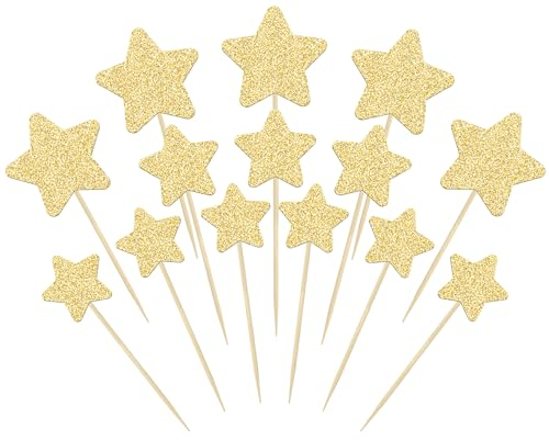 Gyufise 42Pcs Star Cupcake Toppers Gold Glitter Assembled Twinkle Star Cupcake Picks Wedding Engagement Bridal Shower Birthday Party Cake Decorations Supplies Mixed Size