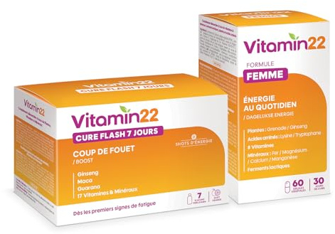 VITAMIN'22 - Programme Vitaminé - Formule spécifique Femme - Action fortifiante anti fatigue - Cure Flash 7 jours coup de fouet - 7 doses de 30ml + 60 gélules végétales