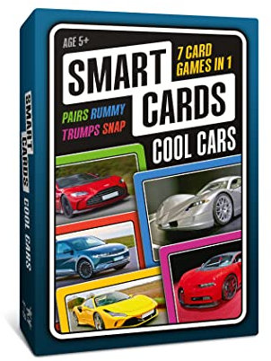 SMART CARDS Cars, Gift, Stocking Filler, Travel Card Game, 7 games in 1, Pairs, Snap, Trumps, Rummy, Memory Quiz, Trivia, Age 5+, 1-8 Players