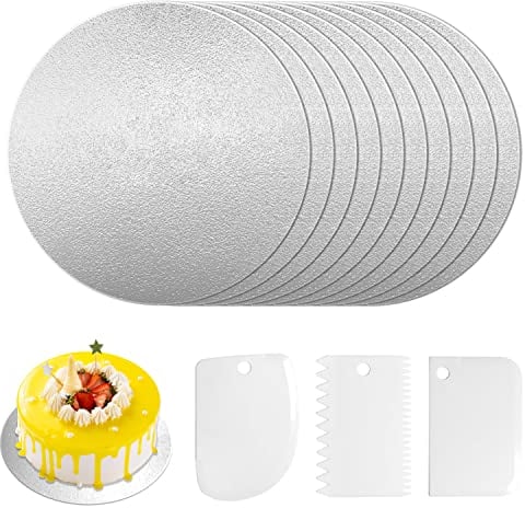 Cake Board, 3mm Rund Tortenunterlage Ø 20cm/7.9inch, 10 Verwertbarer Silber Cakeboard für Transport Kuchen und Torten, Tortenplatte Pappe mit 3 Stück Tortenschaber