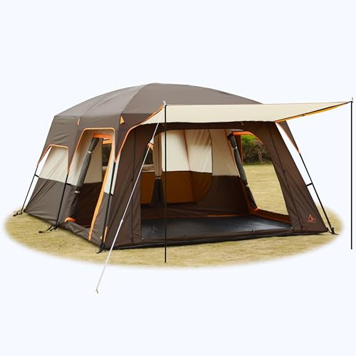 KTT Extra großes Zelt für 10–12 Personen (B), Familienhüttenzelte, 2 Zimmer, gerade Wand, 3 Türen und 3 Fenster mit Netz, wasserdicht, doppellagig, großes Zelt für Outdoor, Picknick, Camping,