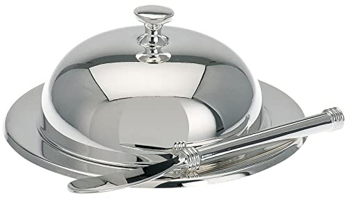 Butterdose versilbert rund klein für 1/4 Pfund Butter (125 g) - Butterglocke Ø 12 cm mit Glaseinsatz & Messer - Mini Butterbehälter für Frühstück, Brunch & festliche Tischkultur