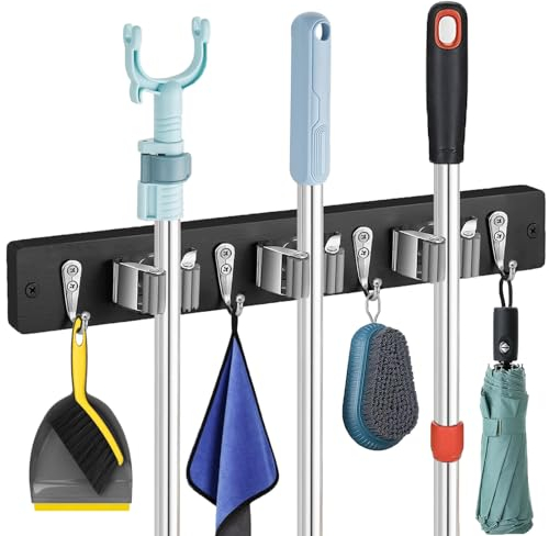 Broom and Mop Organizer Wall Hanging, Rustic Solid Black Wood Broom Organizer Wall Mount, Heavy Duty Tools Hanger for Home, Kitchen, Garden, Garage, Laundry (3 Racks 4 Hooks)