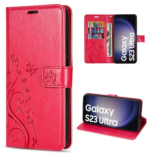 Hülle Kompatibel mit Samsung Galaxy S23 Ultra | Premium PU Leder Handyhülle Wallet Case für Galaxy S23 Ultra | Schutzhülle Blumen Klapphülle Handyhülle | Rot