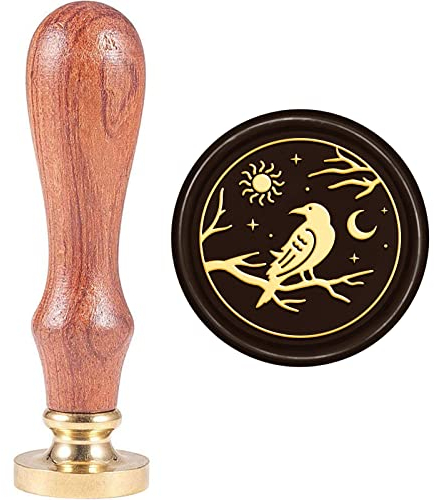 MAYJOYDIY 30mm Krähenwachs Siegelstempel Raben Siegelwachsstempel Sonne Und Mond Vintage Abnehmbarer Messingkopf Halloween Hochzeit Jahrestag Party Geburtstagseinladung Siegelstempel