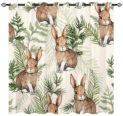 YUANZU Kaninchen Vorhänge Kinder Blatt Aquarell Wald Hase Ösen Gardinen mit Blickdichte Vorhang Kälteschutz Blackout Curtain Wohnzimmer Schlafzimmer Verdunkelung Fenster, 2 Stück, H 160 x B 106 cm