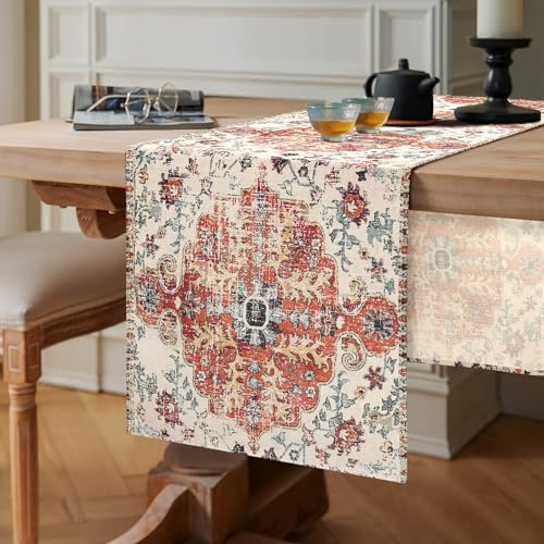 Chicamy Vintage Tischläufer Boho Style 40x140 Leinen Tischläufer Mandala Blumen Ethnic Tischdecke Abwaschbar Rechteckiger Dekorativer Tischläufer für Esszimmer Party Urlaub Dekoration