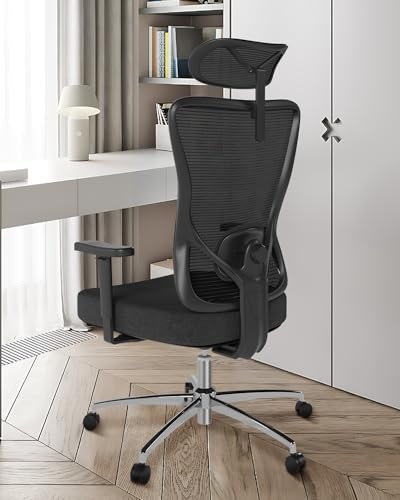 Devoko Ergonomic Office Chair High Back Computer Desk Chair with Adjustable Lumbar Support, Headrest & 3D Armrest Breathable Study Chair 130° Rocking Mesh Chair Max Load 180kg(Carbon Black)