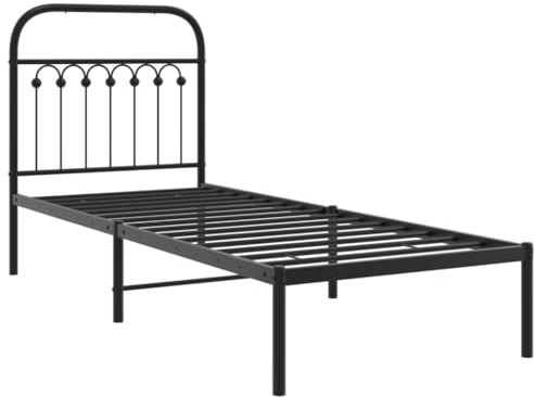 vidaXL Bettgestell, Bett mit Kopfteil, Bettrahmen mit Lattenrost Mittelfüßen, Metallbett Einzelbett für Schlafzimmer, Metall Schwarz 75x190cm
