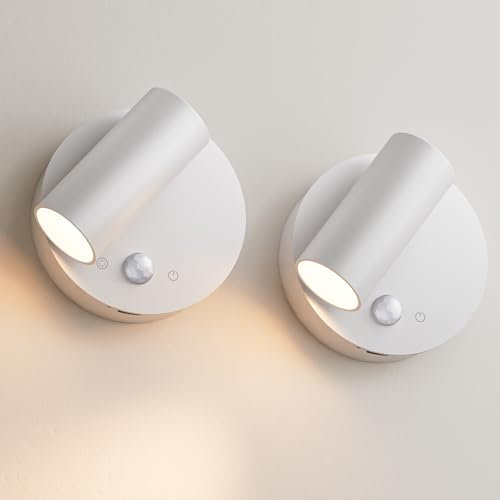 K-Bright 2 Stück akku wandleuchte mit Bewegungsmelder, akku Leselampe Wandmontage, LED Wandleuchte innen mit Schalter Touch Dimmbar, 3 Farbtemperatur Einstellbar kabellose wandleuchte, Weiß