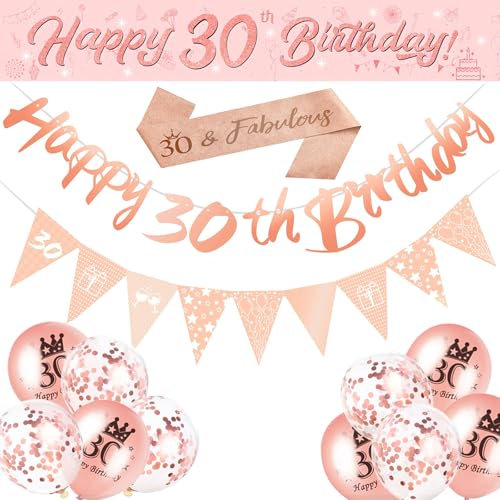 14 Pieces 30th Happy Birthday Decorations,Rose Gold 30th Birthday Party Supplies Including Happy 30th Birthday Banners Birthday Straps Triangle Flag Bunting Confetti Latex Balloons