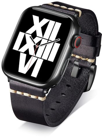 BINLUN Leather Strap Compatible with Apple Watch 38mm 40mm 41mm 42mm 44mm 45mm 46mm 49mm Handmade Retro Band Compatible with iWatch Series 10 9 8 7 6 5 4 3 2 1 SE SE2 Ultra Ultra2, 22mm, Black