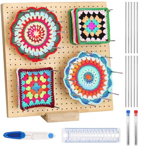 ZDNT Granny Square Spanner,19.5cm Blocco per Granny Square,Tavola di Blocco per Uncinetto,Tavola per Granny,Tappetino Lavorare a Maglia in Legno con 10 perni in acciaio inox e 5 perni ad occhiello