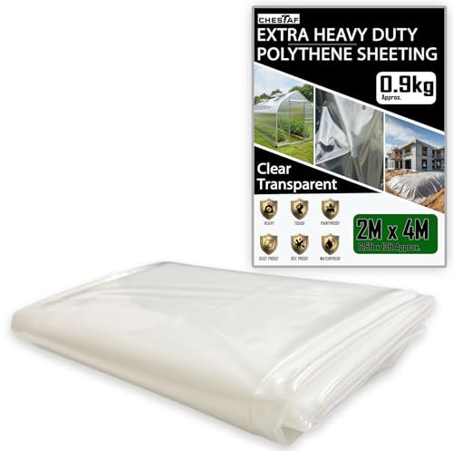 Extra Thick Plastic Sheeting 0.9KG Heavy Duty 2M X 4M Clear Polythene Sheet Thickened Polytunnel Membrane Greenhouse Waterproof Garden Dust Sheet Gardening Grow Insulation Building Rubble Protection