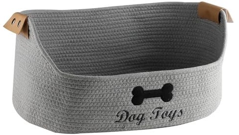 Ctomche Woven Dog Toy Baskets, Large Dog Toy Storage Box, Rope Basket for Puppy Toys, Collapsible Pet Stuff Storage Bin with Leather Handles, Cotton Storgae Box for Pet Food, Leashes, Blanket-Grey
