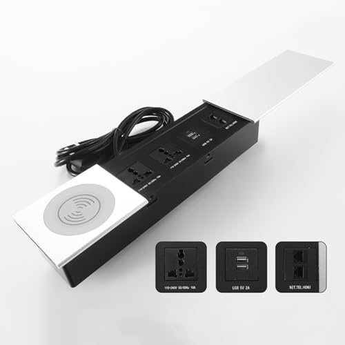 Prise de bureau intégrée en alliage d'aluminium, multifonction, 2 prises CA + VGA + HDMI + LAN + U, panneau en aluminium, indice de protection IP40 pour le bureau et la maison,Silver