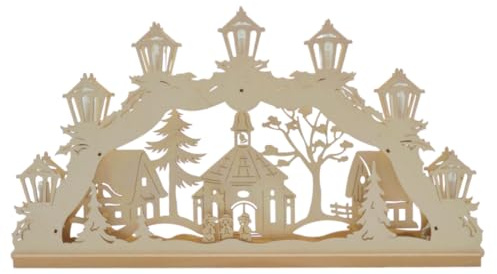 Erzwelt - Lichterbogen ELB – Motiv Dorflandschaft mit Kirche | 32 x 56 x 5 cm – Schwibbogen aus Holz – Leuchtbogen mit 7 Kerzen – Original Erzgebirge Fensterbogen – Weihnachtsdeko
