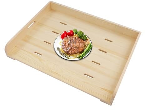 Hob Covers, Wooden Stove Hob Cover with Cooling Holes, Multifunctional Kitchen Worktop and Gas Hob-Protector, Extra-Large Storage Tray with Handles, Rectangular, 75 × 56 × 10 cm