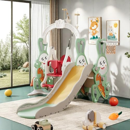 Balançoire Toboggan 4 en 1 pour Enfants 1-3 Ans, Aire de Jeux avec Cadre d'escalade, Panier de Basket, Balançoire, Toboggan, Intérieure/Extérieur, Vert