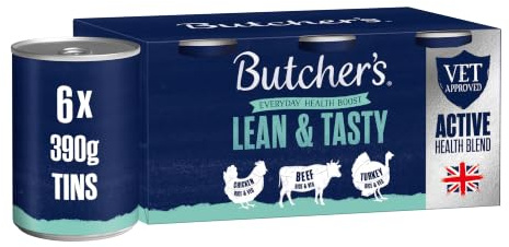 Butcher's Complete Wet Can Adult Dog Food Lean & Tasty Pack 6x390g | Complete & Balanced - British & Irish Farmed - Lower in Fat - Contains Chicken, Beef & Turkey Recipes