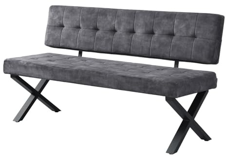 B&D home® Sitzbank Karen 160cm – gepolsterte Esszimmerbank mit Rückenlehne, X-Metallgestell schwarz, Webstoff/Microfaser in Anthrazit, modern Industrial Design für Esszimmer, Küche & Flur