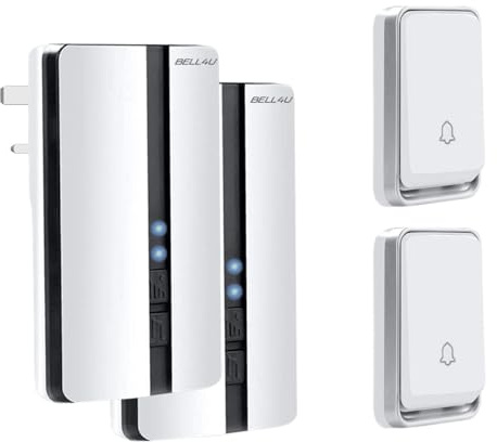 Bell4U Wireless Doorbell Kit, 2 Plug-in Receivers + 2 Push Buttons, No Batteries Needed, 700 feet Long Range, 51 Chimes, 4 Volume Levels, IP65 Waterproof, Easy Plug & Play – White