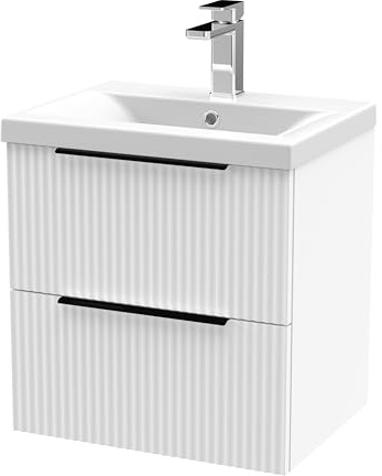 Balterley Vanity Unit with Basin Wall Hung, 2 Drawer Soft Close with Mid Edge Sink and Handles, Bathroom Vanity Units with Basin, Fluted Front Sink Cabinet - 510 x 390 x 540mm (White)