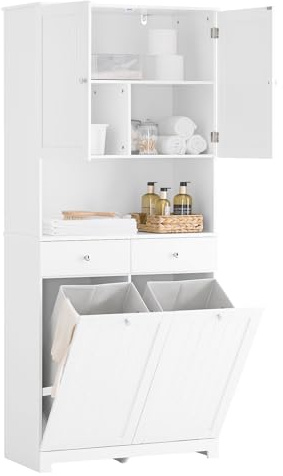 SoBuy Badezimmerschrank Schmal Hochschrank 78x38x181cm Badmöbel aus PB | Mit 2 Wäschekörben & 2 Schubladen Offenem Regal für Kleine Badezimmer BZR215-W