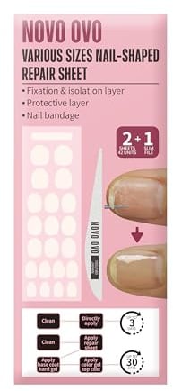 NOVO OVO Pre-cut Nail Shaped Repair Sheets Various 21 Sizes with Slim File, Fixation & isolation layer, Bandage for Broken Nail-Surface, Recovery Protective layer for Acrylic, Easy to use 42 units