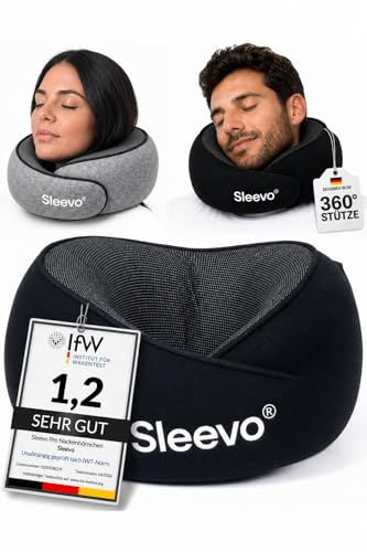 Sleevo Pro Nackenkissen (L) – Reisekissen Flugzeug, Memory Foam, Schwarz | Großzügiger Sitz, breite Halsform - Ergonomisches Nackenhörnchen, Nackenstütze, waschbar inkl. Tasche