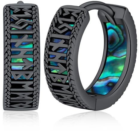 Unisex Sterling Silber 925 Creolen - Viking Rune Ohrringe Klapp Schwarz Klein Ohrschmuck für Frauen, Männer