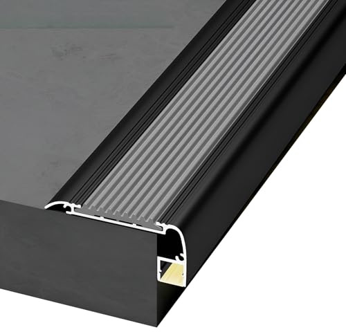 100 cm L-förmige Treppenkantenprofil mit LED-Kanal, 134 cm Aluminium-Treppen-Winkelprofil mit Antirutschstreifen für Innen- und Außenstufen(Gray,120cm/47 In)