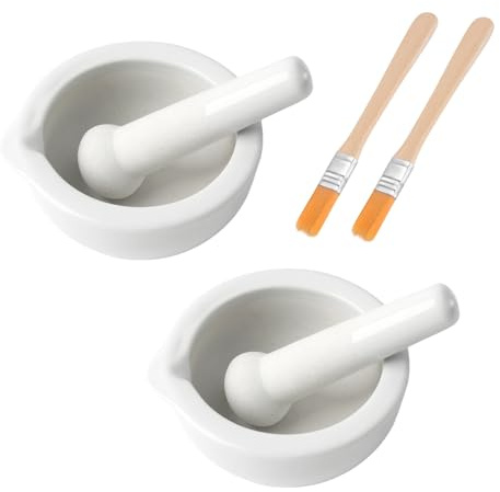 UCFBWO 2 juegos de mortero con mortero y cepillos, pequeño mortero de porcelana, juego de mortero de cerámica, pequeño cuenco para hierbas, pesto, cocina, mortero, accesorio científico, 80 mm