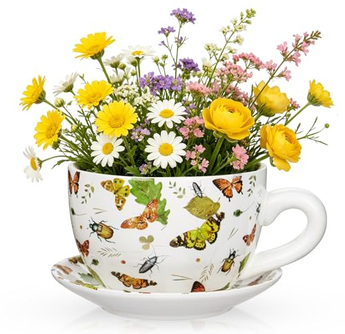 Oairse Ceramic Plant Pot with Saucer, Teacup Planter with Drainage Hole | Coffee Cup/Mug Shaped Flower Pots with Butterfly Insect Pattern for Indoor/Outdoor Succulent Orchid Herb Home Garden Decor