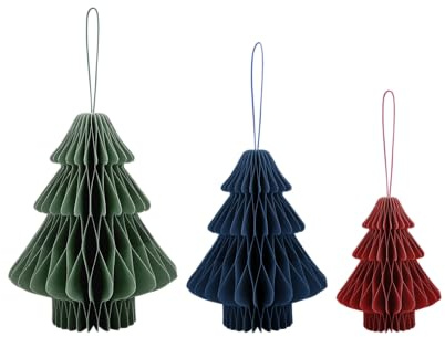 REMEMBER Baumschmuck Oval Nr 2, 6er Set, H 7 cm, Ø 6 cm – Dekorative Weihnachtsanhänger aus Papier für Christbaum (3, Tannenbäume, H 16.5/13.5/10 cm, Ø 13.5/10.5/8 cm)