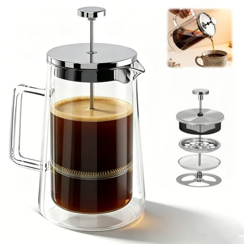 Piashow French Press Thermo 1 Liter, Doppelwand Thermo Kaffeepresse aus Glas und Edelstahl, Spülmaschinengeeignet, Hitzebeständig, 1000 ml