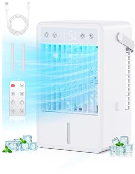 Mobiles Klimagerät mit 1500ML Wasserkühlung, Klimaanlage Mobil Mini Luftkühler USB betrieben, 3 Modi & 5 Geschwindigkeitsstufen, Fernbedienung & 2/4/6/10-Stunden-Timer, Ideal für Schlafzimmer und Büro