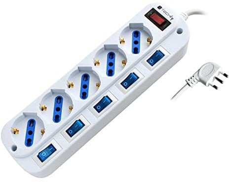 Techly 103045 Multipresa 5 Posti Bipasso con Interruttori indipendenti e Protezione da sovraccarico Bianco