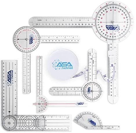 ASA TECHMED Goniometer Komplettset 6-teilig + Körpermaßband - Physiotherapie, Ergotherapie, Fitness, Medizinischer Winkelmesser Winkellineal 12/8/6 Zoll