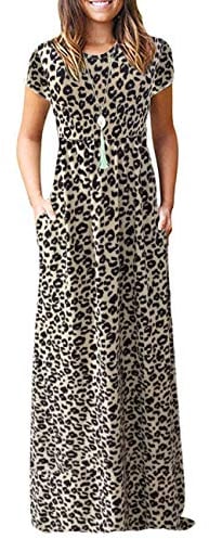 AUSELILY Damen Kurzarm Sommer Casual Long Maxi Kleider mit Taschen Leopard XXL