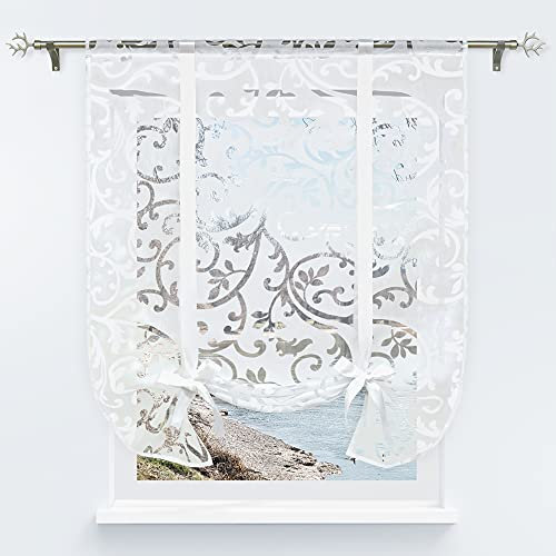 Yujiao Mao Voile Weiß Raffrollo Ausbrenner Qualität mit Blumen Muster Dekorative Bändchenrollo transparente Bindegardine 1 Stück BxH 60x140cm