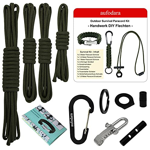 aufodara Survival Paracord Set, Handwerk DIY Flechten Paracord Armband Schlüsselanhänger, Paracord Halskette mit Feuerstahl, Knüpfset, Bastelset, mit Flechtanleitung und Ersatzseil (Olivgrün)