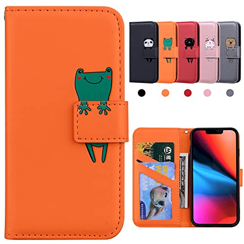 Handyhülle iPhone 13 mini, iPhone 13 mini Case,Stoßfeste Schutzhülle, iPhone 13 mini Hülle Apple, Hülle iPhone 13 mini, Flip Wallet Karikatur iPhone Hülle für iPhone 13 mini(5,4),Frosch, Orange