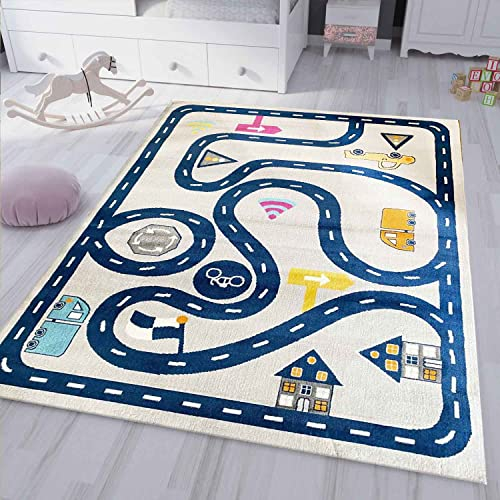 Spielteppich Kinderteppich Straße Auto Verkehr | Teppich für Kinderzimmer | Verschiedene Farbvarianten, Farbe:Blue, Maße:80x150 cm