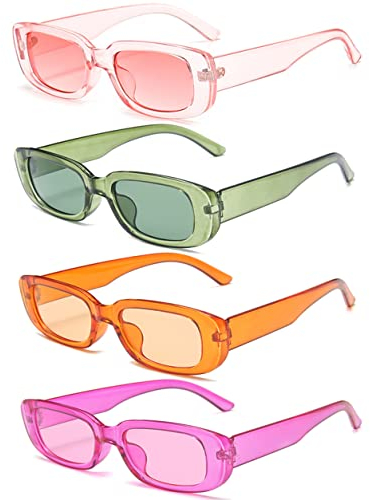 Unning 4 Stück Vintage Rechteckige Sonnenbrille Damen 90er Retro Sonnenbrillen Set Trendy Brille für Damen Herren