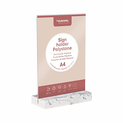 EUROPEL Tischaufsteller weißer Polystone-Basis, glasklarer Acryl, A4, T-Stand, Zweiseitige Präsentation, Poster, Speisekarte, Broschüre, Restaurants, Hotels, Konferenzen