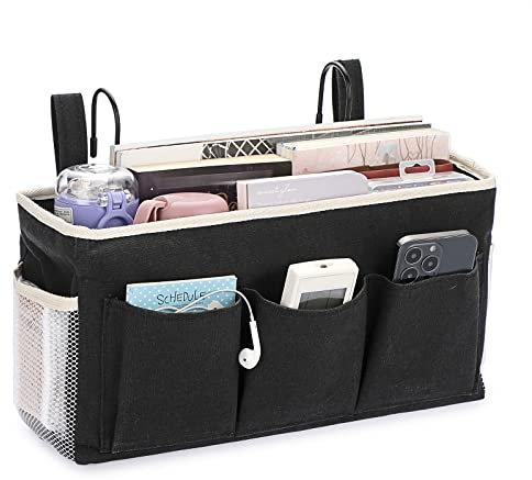 IGNPION Canvas Bedside Hanging Storage Pockets with Metal Hook Adjustable Tape Dormitory Bed Organiser Caddy Mulit-purpose Bag for Home Office School Hospital,Black (IGPUK0584)